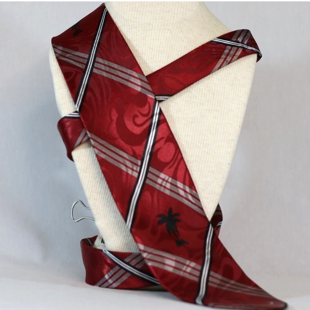 💎Tropical Hawaii Mens Neck Tie Sangria Red Plaid And Palm Trees